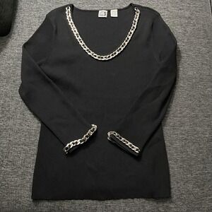 WR Shirt Womens XL Black Chain Trim Scoop Neck Ribbed Stretch Long Sleeve Top